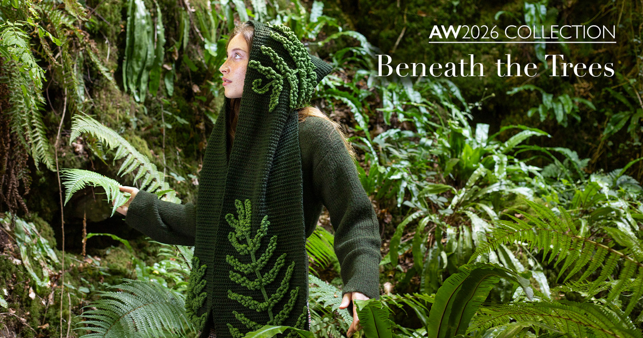 AW2026 collection beneath the trees bracken hood crochet fern scarf pattern explore